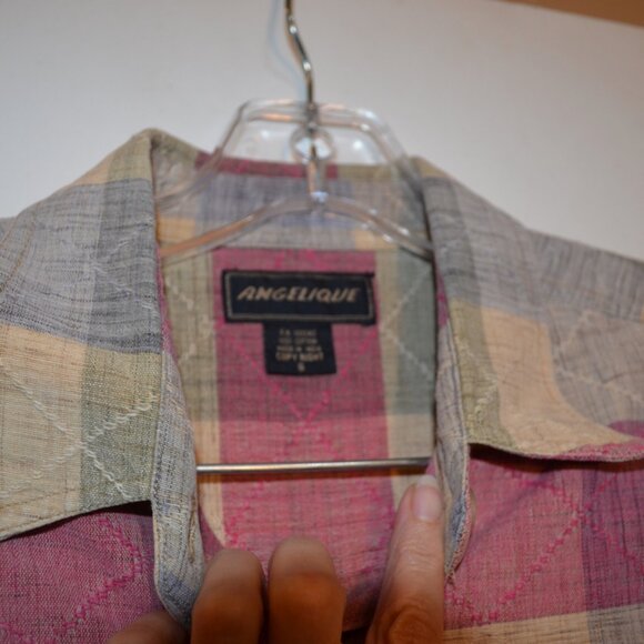 ANGELIQUE Cotton Button-Down Shirt Grey-Red-TanTextures Pattern Round Bottoms S - Picture 3 of 14